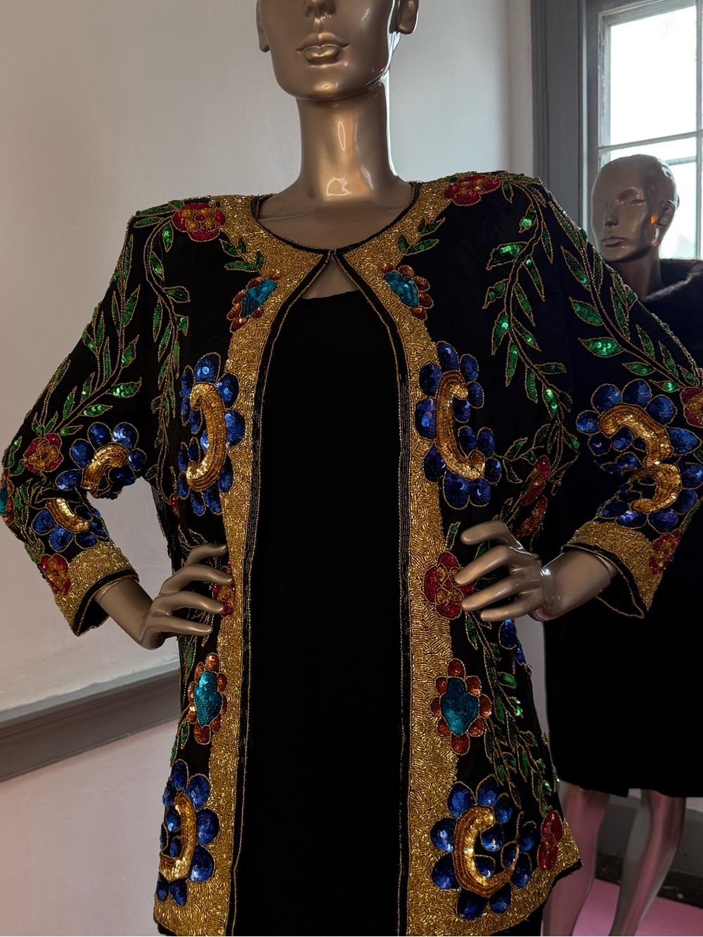 Vintage Temptations Silk Beaded Sequin Jacket Floral Gold India Women’s L XL